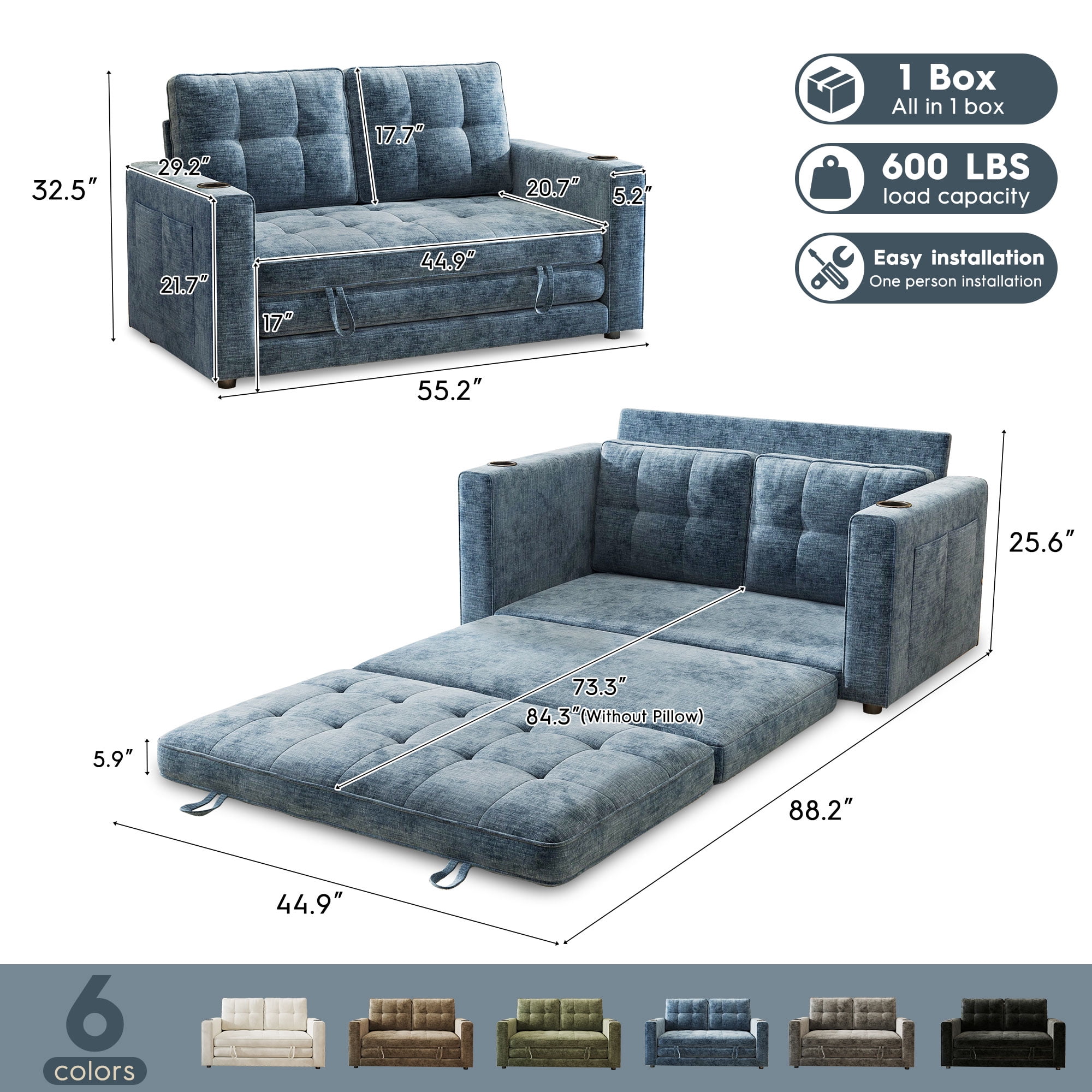 BedLuxury 55" Foldable Loveseat Futon Sofa Bed with Cup Holder & Storage Pocket, Sleeper Couch, Space Saving, Chenille Blue
