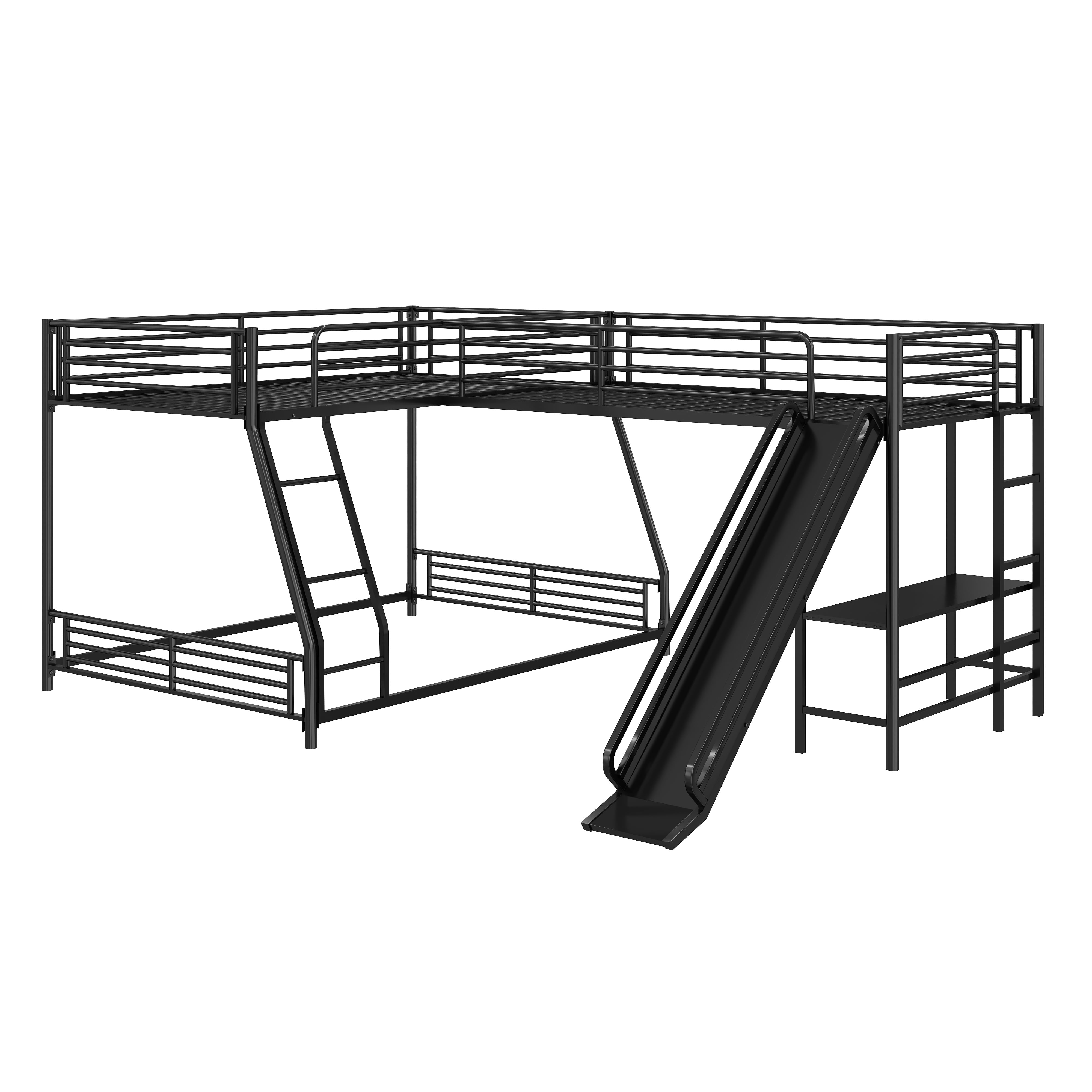 Euroco Metal L-Shaped Twin over Full Bunk and Twin Loft Bed with Desk and Slide for Kids Teens Adults, 3 Beds in 1, Black