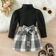 thumbnail image 2 of CUZIBR Girls Fall Outfits Plaid Skirts Set Ruffles Long Sleeve Ribbed Round Neck Tops Shirt Bow Button Plaid Skirt Stylish Warm Dailywear Jogging Sets,Black,12-18 Months, 2 of 6