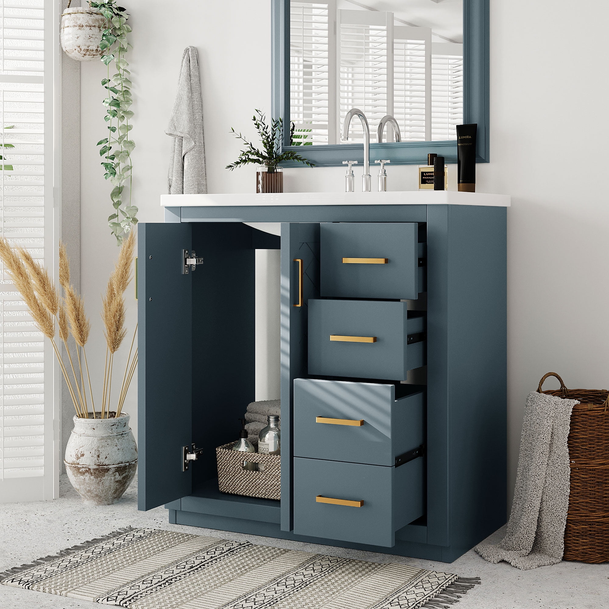 30 Inch Bathroom Vanity with Ceramic Sink Solid Wood Storage Cabinet 3 Drawers Soft Closing Doors Blue