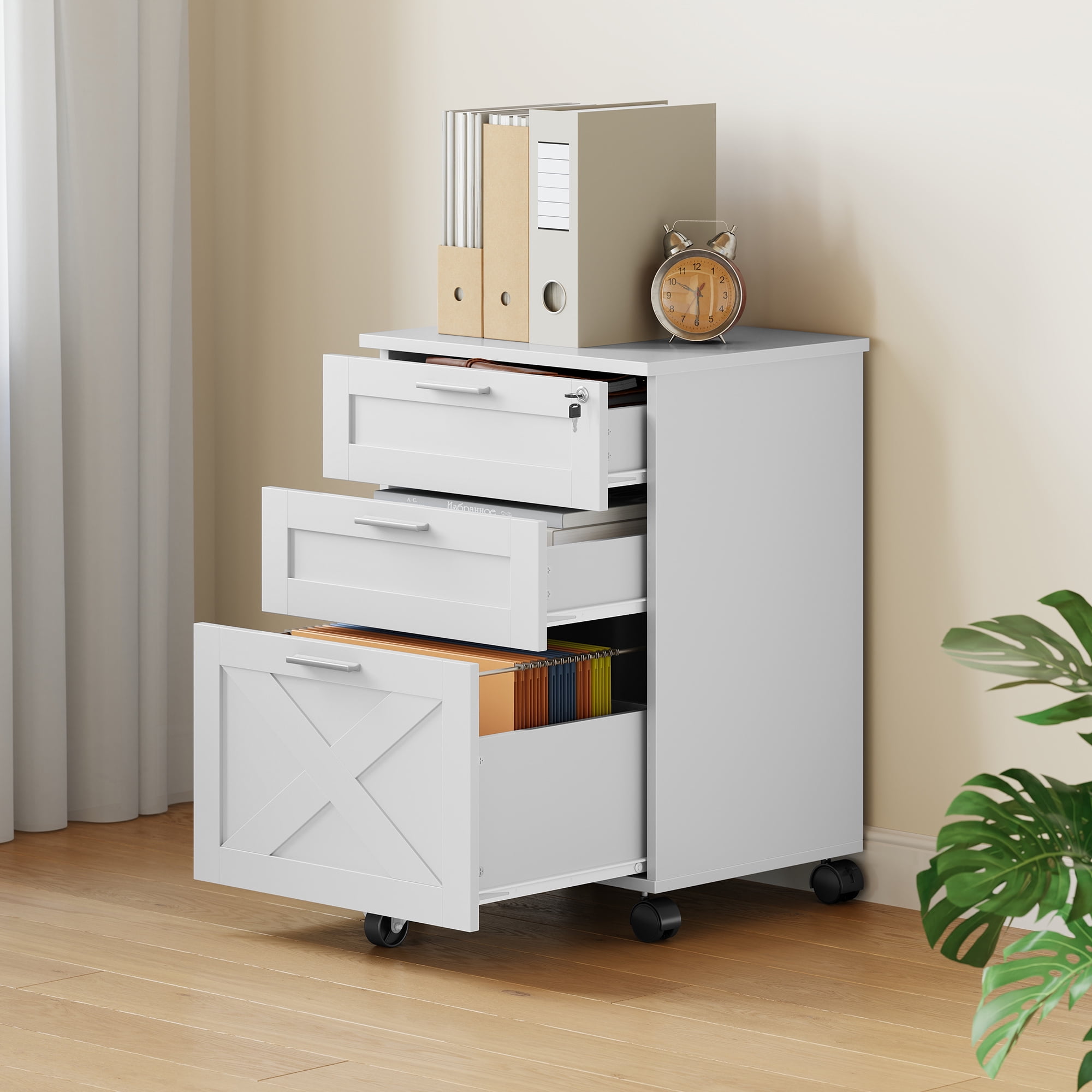 3 Drawer Locking File Cabinet with Wheels, Mobile Wooden Filing Cabinet for A4 Letter Legal Files, Rolling Under Desk Office Storage Organizer with Lock – White