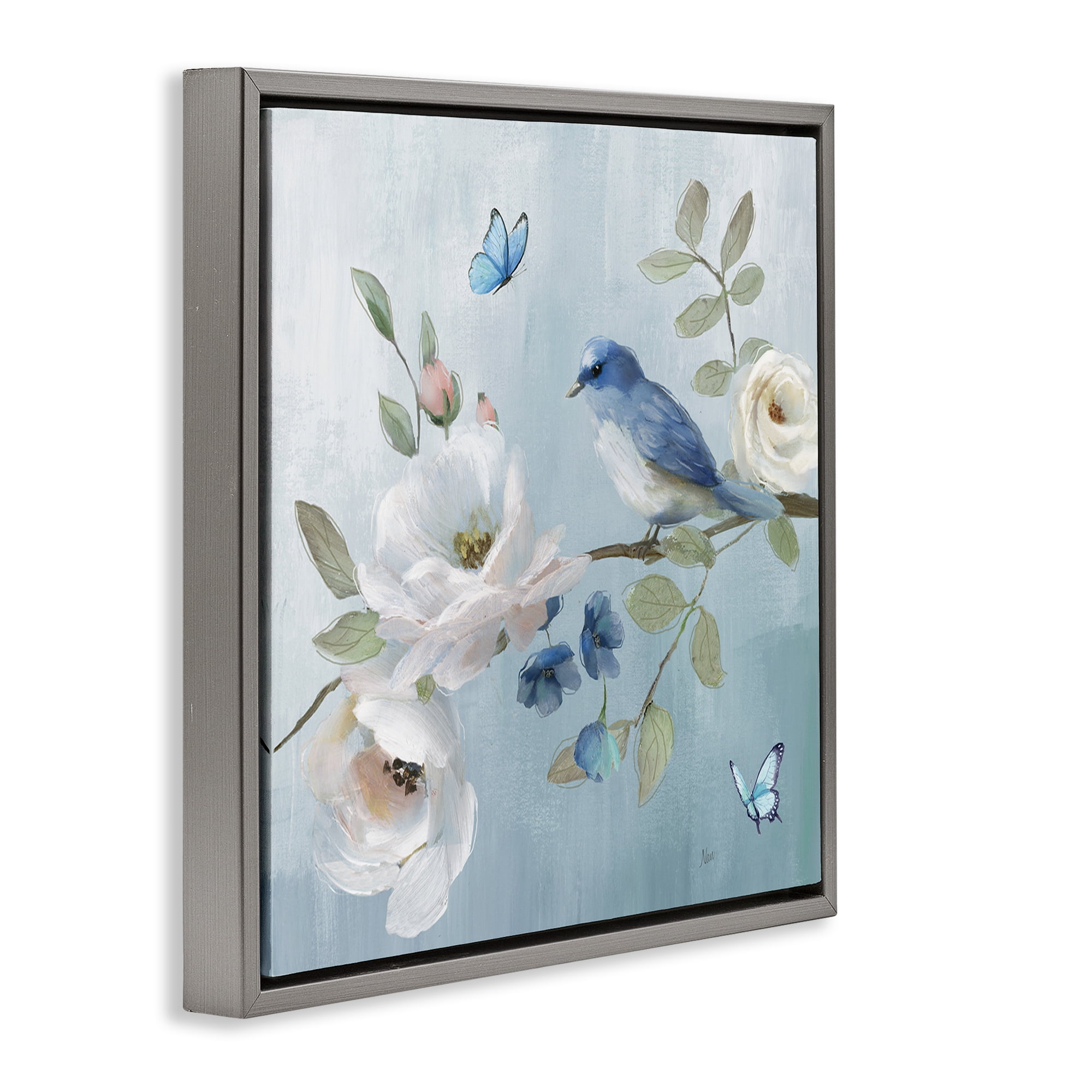 Stupell Industries Pastel Blue Bird Blooms Gray Framed Floater Canvas Wall Art, design by Nan