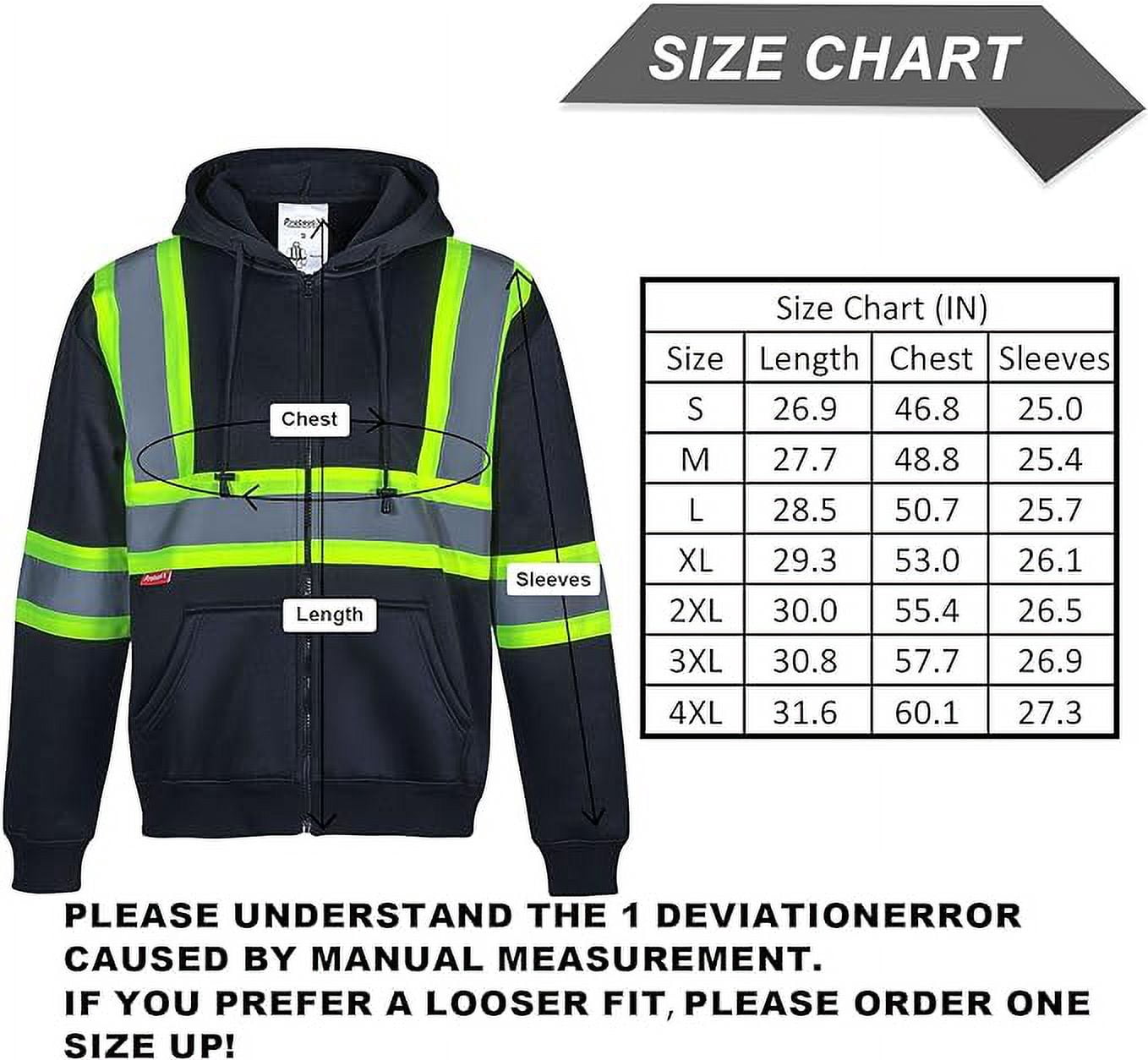 ProtectX High Visibility Safety Sweatshirt for Women Men, Class 3 Hi Vis Hoodie with large Pocket, Hooded Full-Zip Reflective Sweatshirt for Work & Construction, Black, 3X Large