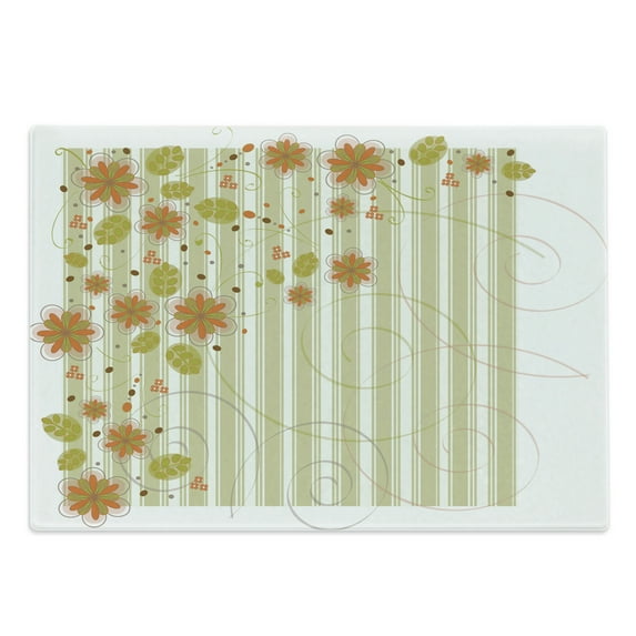 Floral Cutting Board, Retro Flourishing Spring Flowers and Swirled Branches on Striped Background, Decorative Tempered Glass Cutting and Serving Board, Large Size, Green Orange White, by Ambesonne