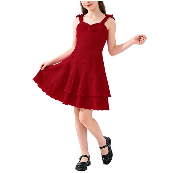 Loopsun 8-13 Years Big Girls Sleeveless Strap Round Neck Solid Casual Dress Red, 9-10 Years