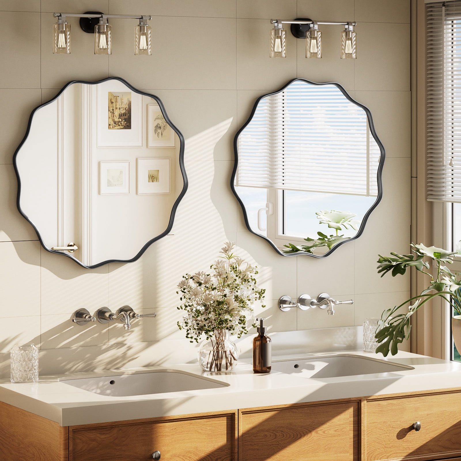 Easy4Home 24.2" Wavy Round Bathroom Mirror Wall Mounted Decorative Mirror With Deep Frame, Black