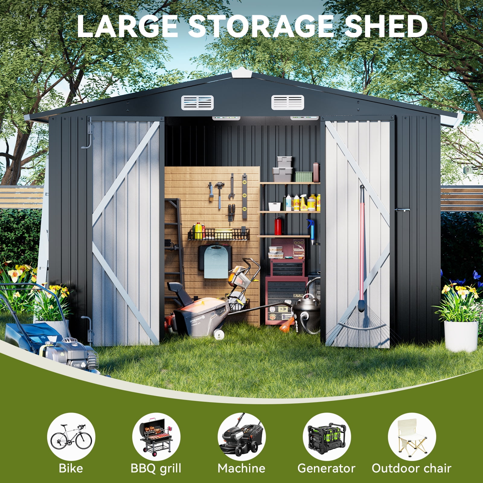 COMHOMA Outdoor Storage Shed with Base 10 x 8 FT Shed with Lockable Door Steel Garden Shed with Air Vent,Gray