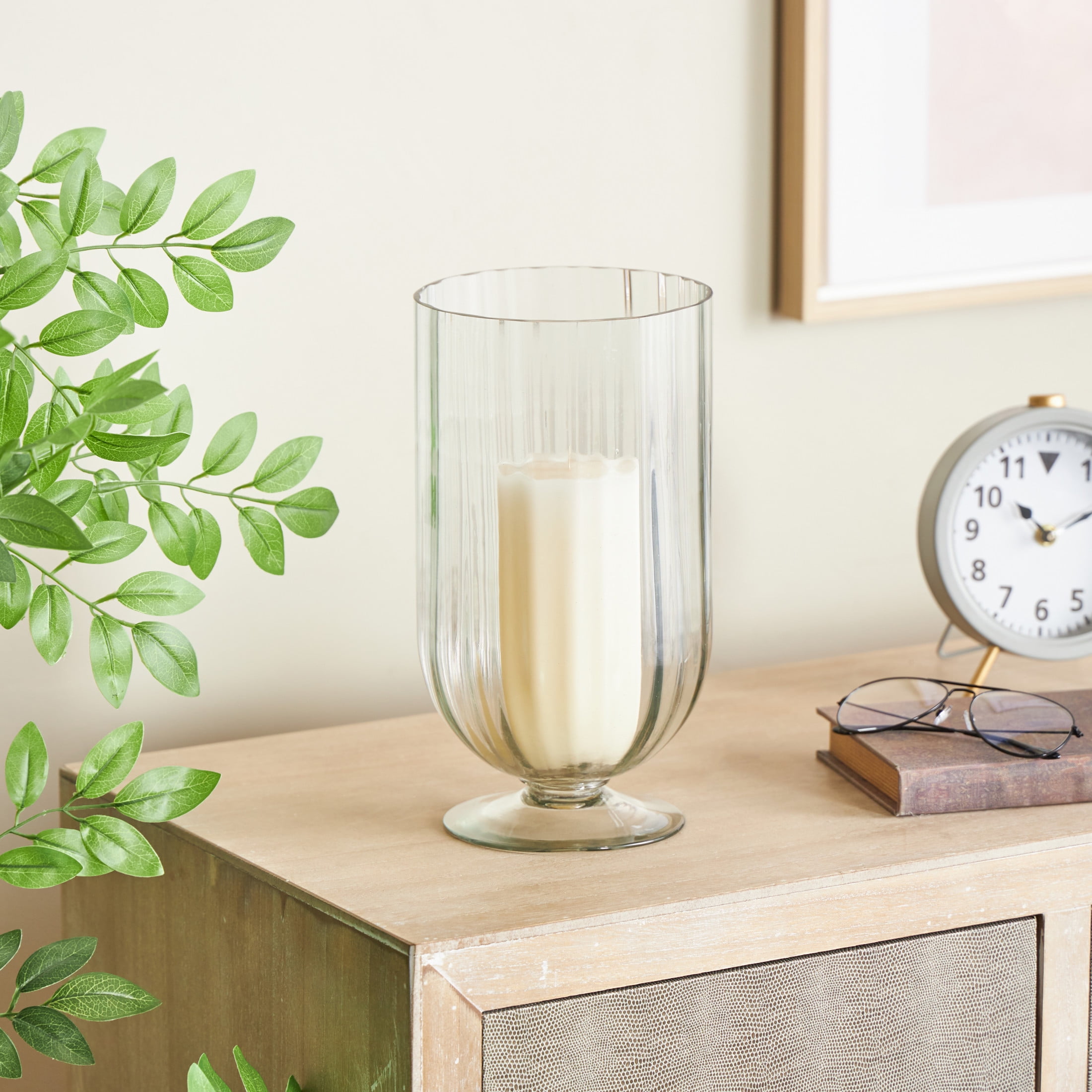 DecMode Glass Ribbed Fluted Candle Holder with Elevated Base