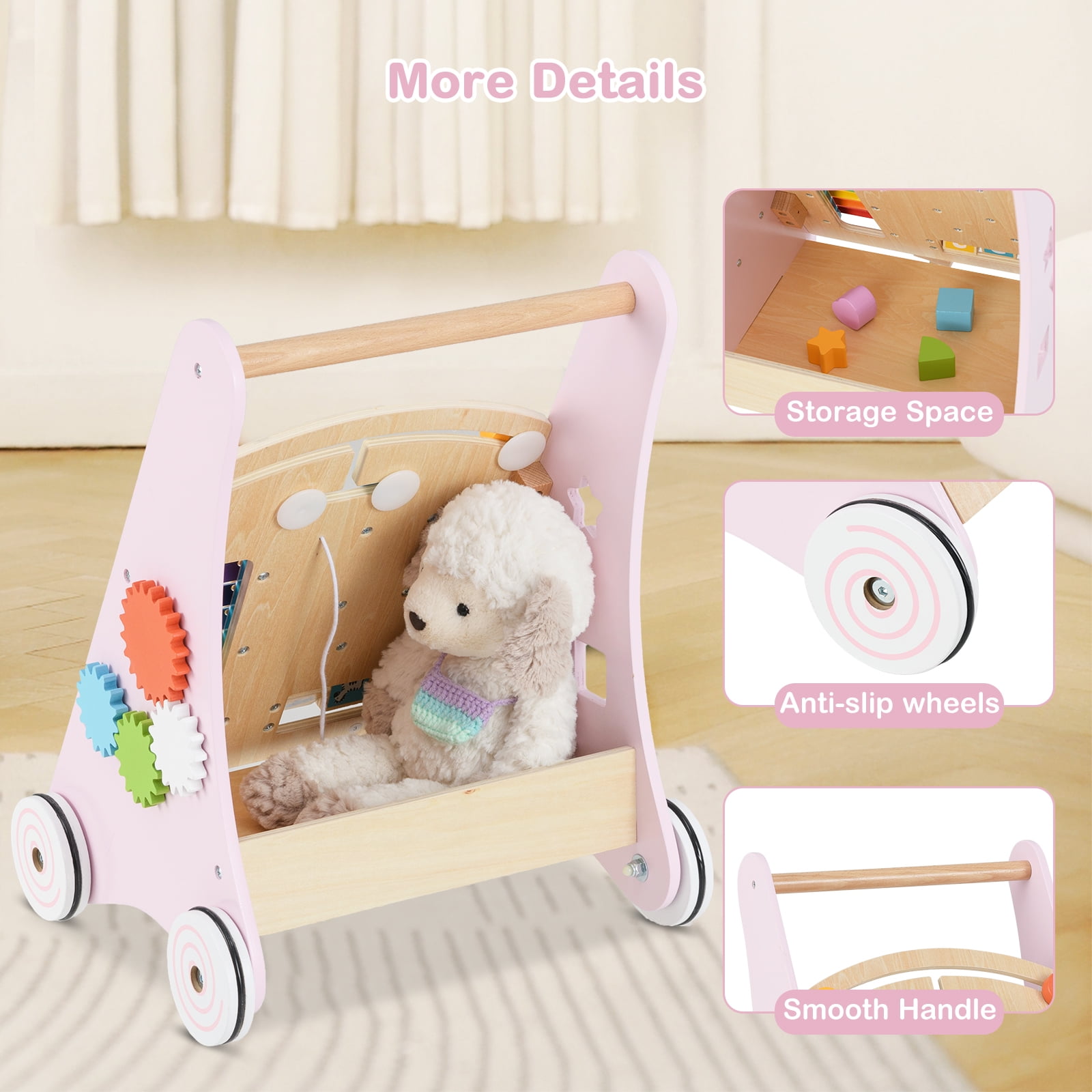 INFANS Wooden Baby Walker, Montessori Walker with Multiple Activity Toys, Storage, Push Walker Toys for Infant Learning to Walk, Sit to Stand Walker for Boys Girls Aged 1+ Years