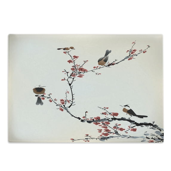 Nature Cutting Board, Birds on Cherry Tree Branches Summer Classic Oriental Illustration, Decorative Tempered Glass Cutting and Serving Board, Large Size, Ruby Pale Caramel, by Ambesonne