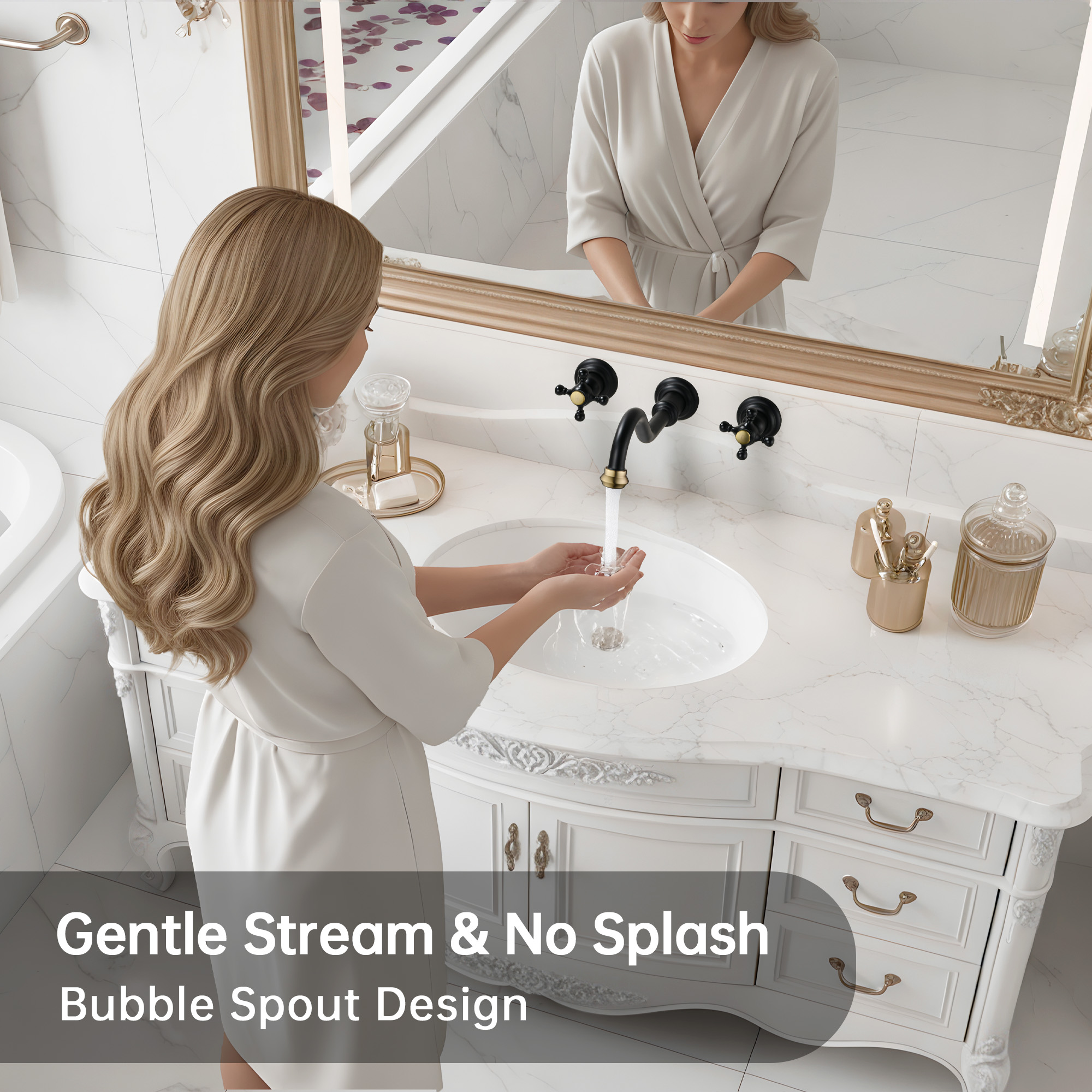 SUMERAIN Classic 3 Holes Wall Mount Bathroom Sink Faucet - Cross Handles Lavatory Basin Sink Faucet with Included Rough-in Valve-Black and Gold