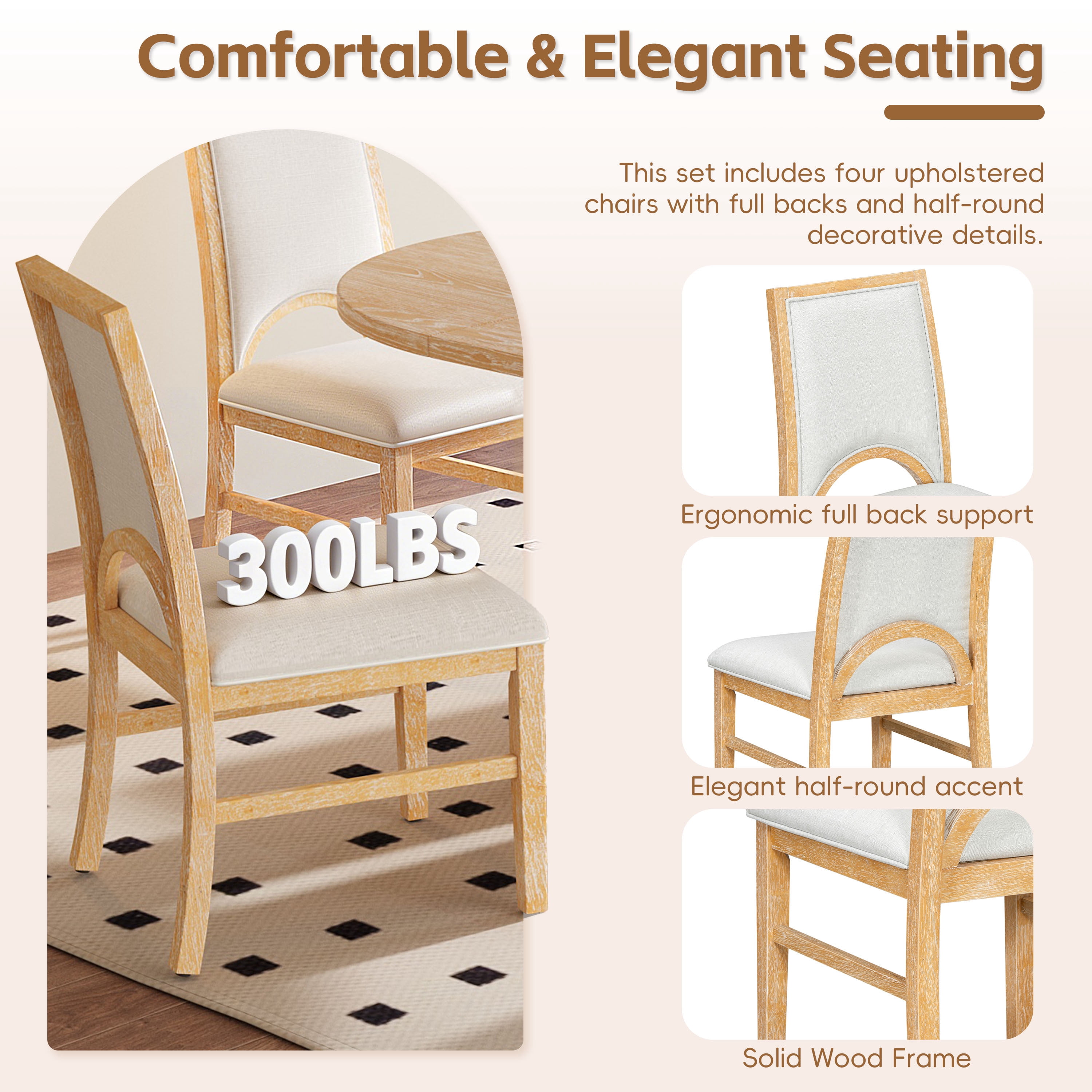 Euroco 5 Piece Wood Round Dining Table Set for 4, 41.3"-57.3" Extendable Kitchen Table Set with 4 Upholstered Chairs & Removable Leaf for Kitchen,Dining Room,Natural