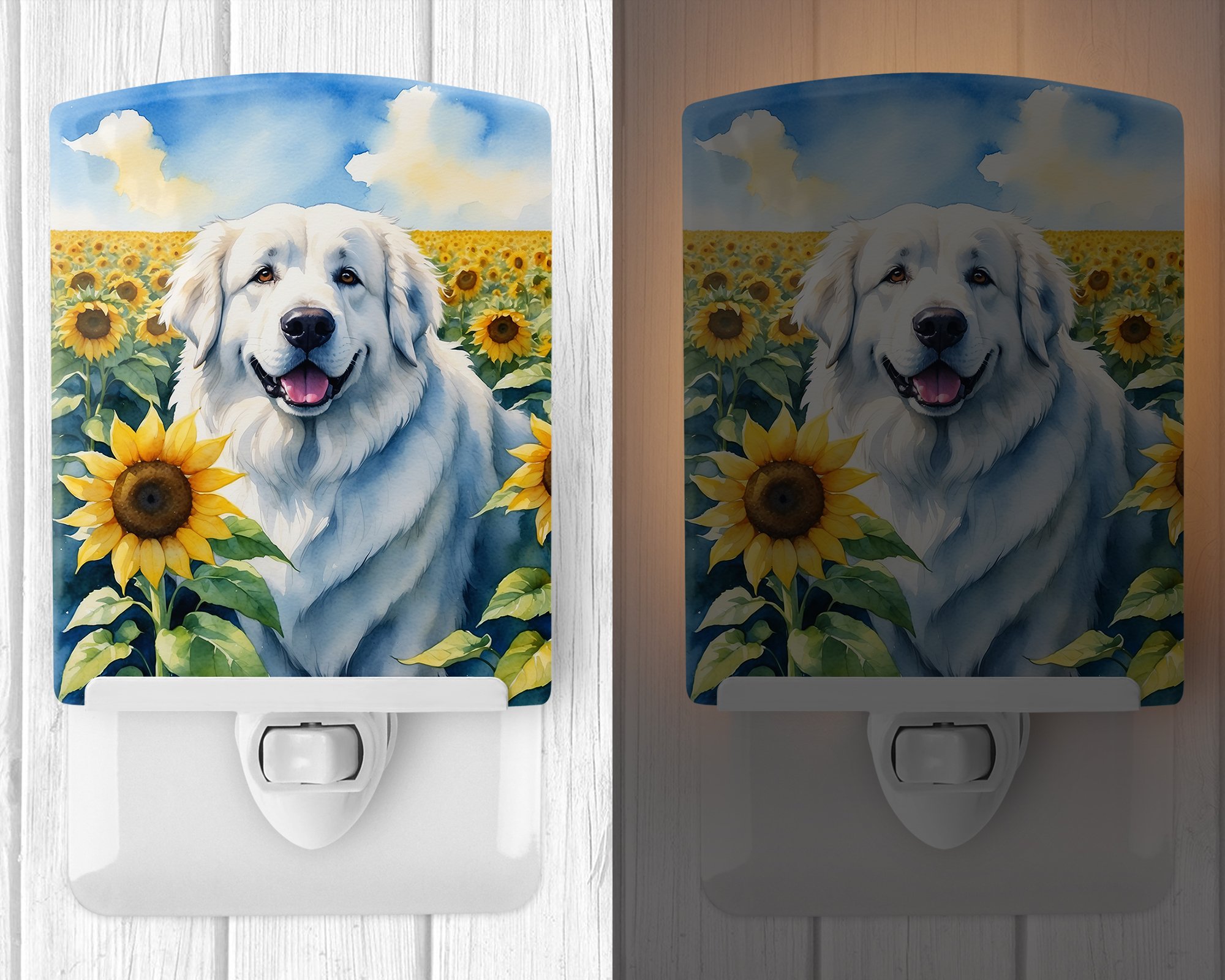 Great Pyrenees in Sunflowers Ceramic Night Light 4 in x 6 in