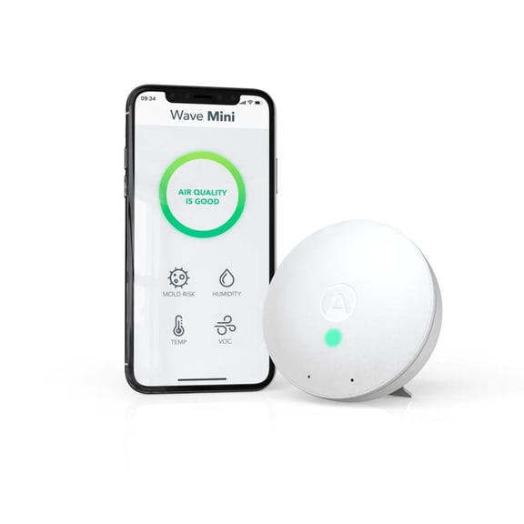 Airthings Wave Mini Smart Indoor Air Quality Monitor Battery Operated with Mold-Risk Indication