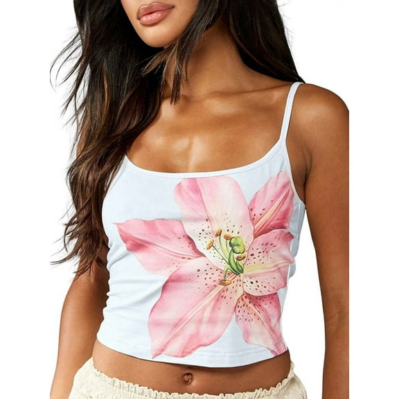 Women Y2k Floral Print -Tank Top Scoop Neck Spaghetti Strap Camisole Slim Fit Crop Vintage Streetwear White S