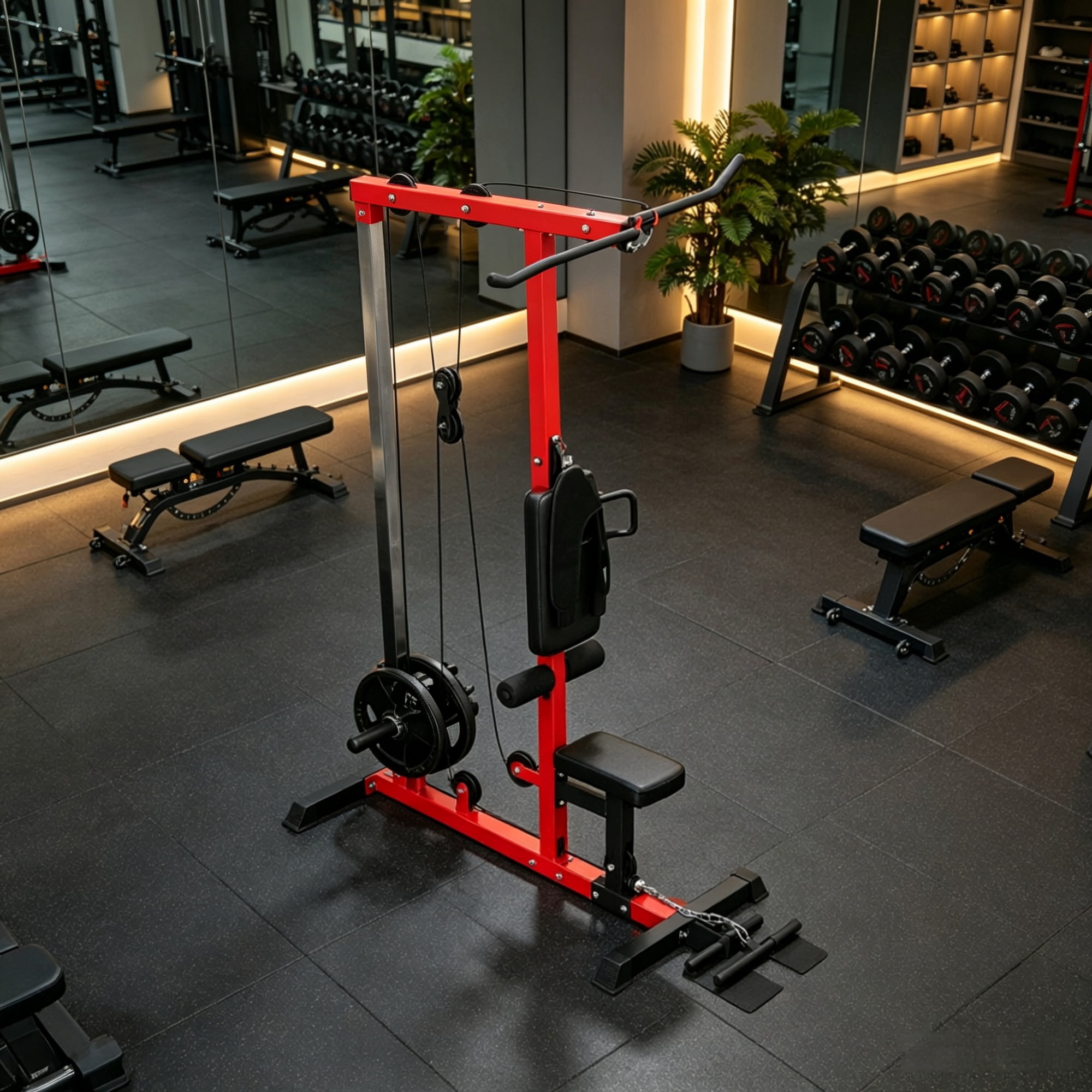 Pull Down Machine with Adjustable Seat And Flip-Up Footplate High/Low Pulley Home Gym Equipment for Upper Body Strength Training Red