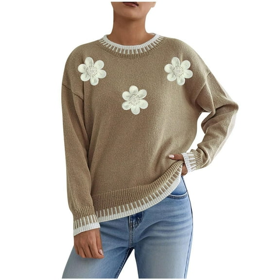 Womens Cute Sweaters with Flowers Knitted Crewneck Pullover Loose Casual Trendy Colorblock Tops Long Sleeve (XL, Khaki)