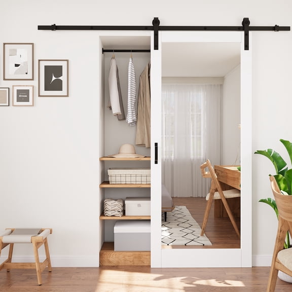 36" x 80" 𝗡𝗼 𝗔𝘀𝘀𝗲𝗺𝗯𝗹𝘆 𝗥𝗲𝗾𝘂𝗶𝗿𝗲𝗱 Door Panel, Mirrored Solid Manufactured Wood Sliding Barn Doors with Hardware Kit