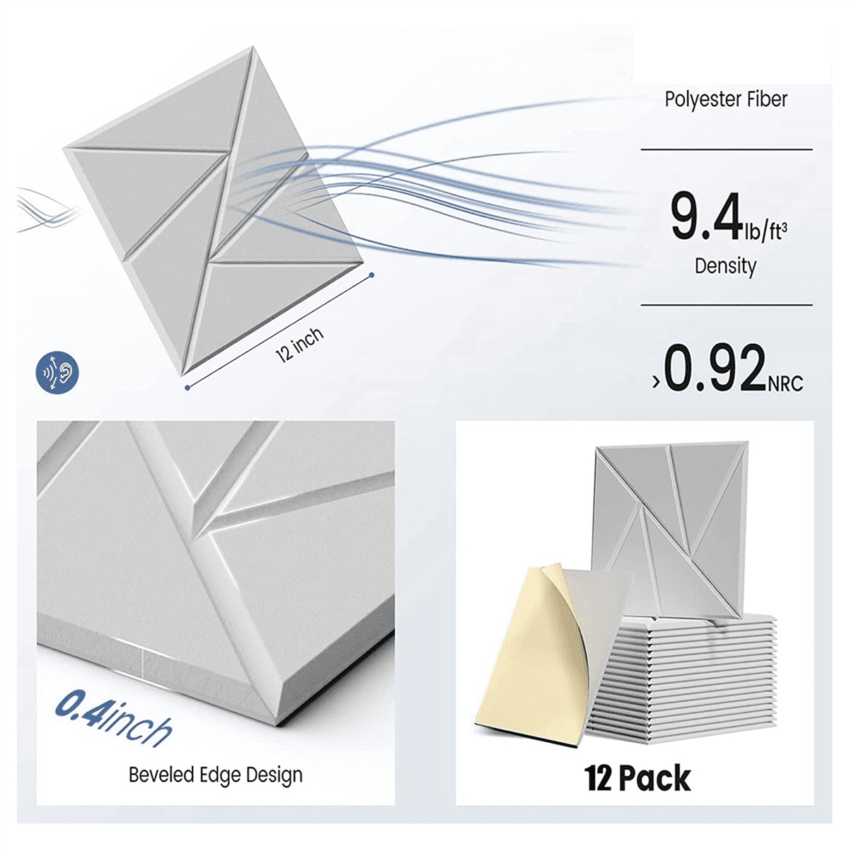 24 Pack Acoustic Panels with Self-Adhesive, 12X 12X 0.4Inch Sound Proof Foam Panels,Sound Panels High Density, White