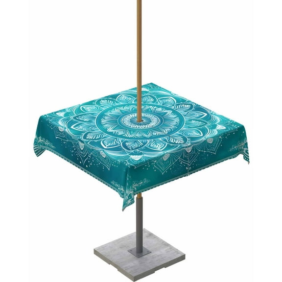 nqOlkjepod Turquoise Boho Outdoor Tablecloth with Umbrella Hole & Zipper, Abstract Art Floral Ethnic Tribal Square Table Cover 54x54 Inch, Dining Waterproof Table Cloth Protector for Patio/Party