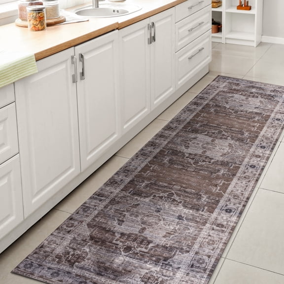 JONATHAN Y WASHABLE 2 x 8 Runner Rug, Alanya Ornate Medallion - Brown/Light Gray, WSH100C-28