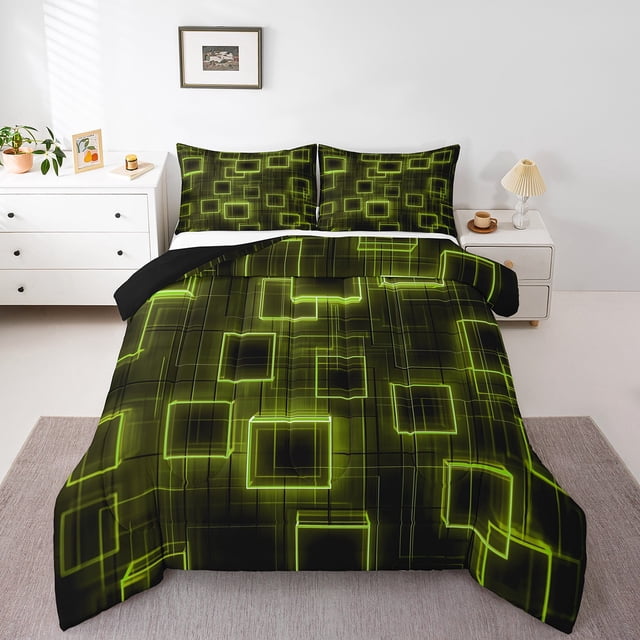YST Geometry Yellow Green Bedding Set Geometric Strip Lines Quilt Queen Size,Modern Gradient Cubes Comforter Set Abstract Art Duvet Insert For Children Adult Bederoom Decor