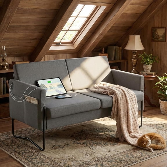 LAZZO 51" Loveseat Sofa, 2 Seater Small Space Couch with USB Charging Port & Side Pocket for Bedroom Office, Gray
