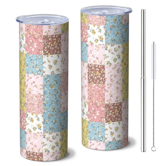 Pioneer Flower Floral Print Pattern 20oz Skinny Tumbler with Straw & Lid, Double Wall Vacuum Insulated Cup, Leak-Proof, Cup Holder Friendly, Hot 6H Cold 12H