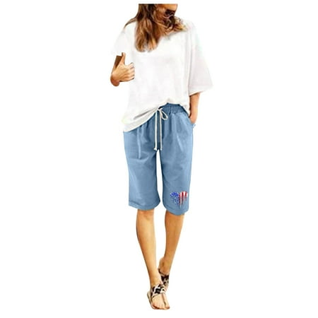 WNVMWI Womens Shorts Boxer Shorts for Women Maternity Shorts Denim Cotton Linen Knee Length Beach Shorts High Waisted Printed Drawstring Pants Plus Size Workout Pockets Pants Summer Casual Shorts S