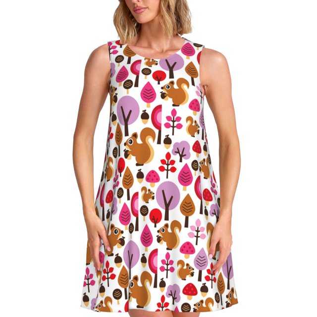 Fotbe Squirrel In The Forest Vestido de Verano sin Mangas para Mujer – Vestido Midi Línea A, Estilo Camiseta Floral, Vestido Playero Casual y Fluido