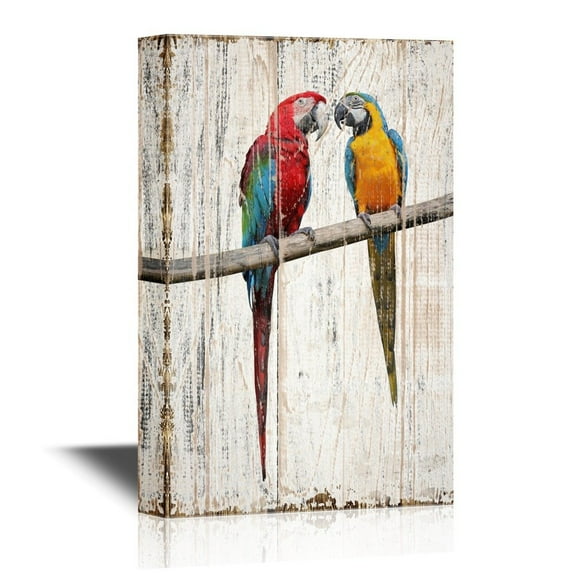wall26 - Birds and Poultry Canvas Wall Art - Two Colorful Parrots Lovers Standing on a Tree Branch - Vintage Wood Style Giclee Print Gallery Wrap Modern Home Art | Ready to Hang - 24x36 inches