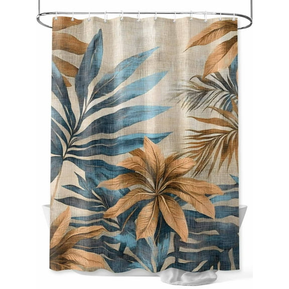 Fsddascl Navy Blue Brown Shower Curtain Set - 72" x 78" Washable Bathtub Curtain with 12 Hooks, Retro Tropical Botanical Palm Leaves Waterproof Fabric Stall Shower Curtains for Bathroom/Bathtub