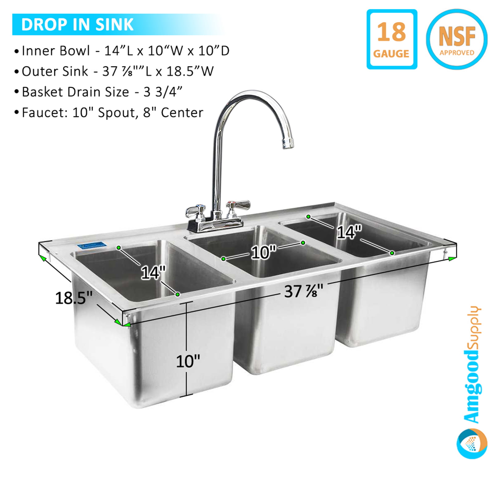 Dometic VA80050007US34 Stainless Steel Sink With Faucet Hole Square
