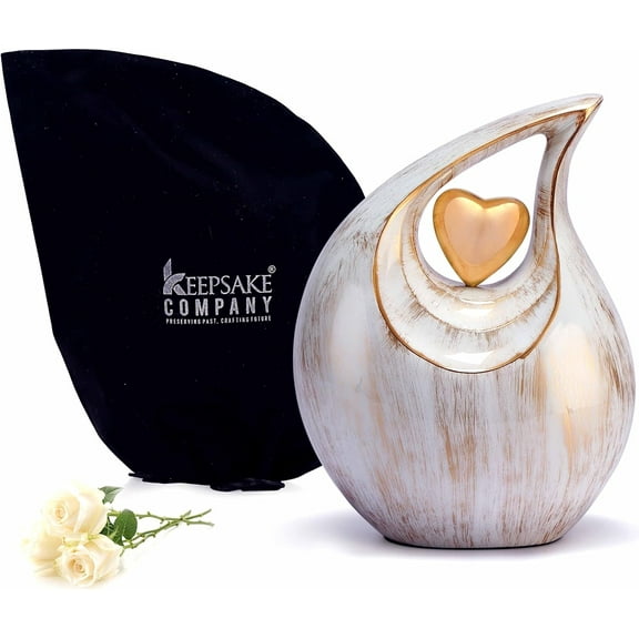 White Golden Teardrop Heart Urn for Human Ashes| Cremation Urns for Adult Ashes |Burial Ash Urn for Men & Women | Decorative Cremation Earns for Man/Male/Female & Humans | Large | 2.5 Litre Capcity