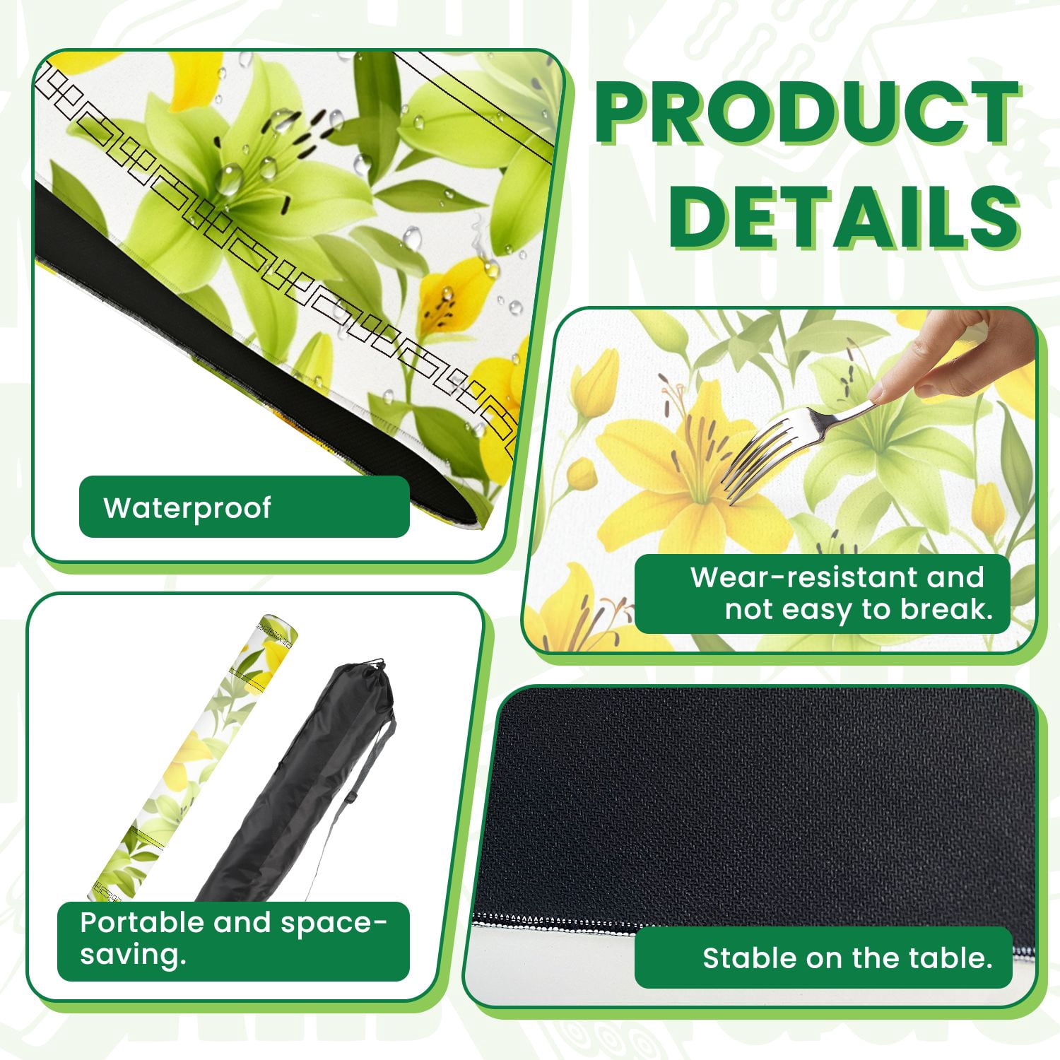 Mahjong Mat 31.5" x 31.5" Yellow Green Lily Floral Seamless Botanical Leaves Non-Slip Noise Reduction American Mahjong Tiles Table Cover for Dominoes Poker Card Board Games Gift