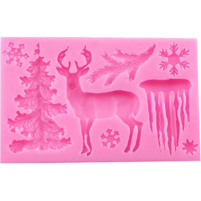 Molde de silicona para tartas, diseño de reno, alce, árbol de Navidad, copo de nieve, fondant, chocolate, repostería, decoración navideña (rosa)