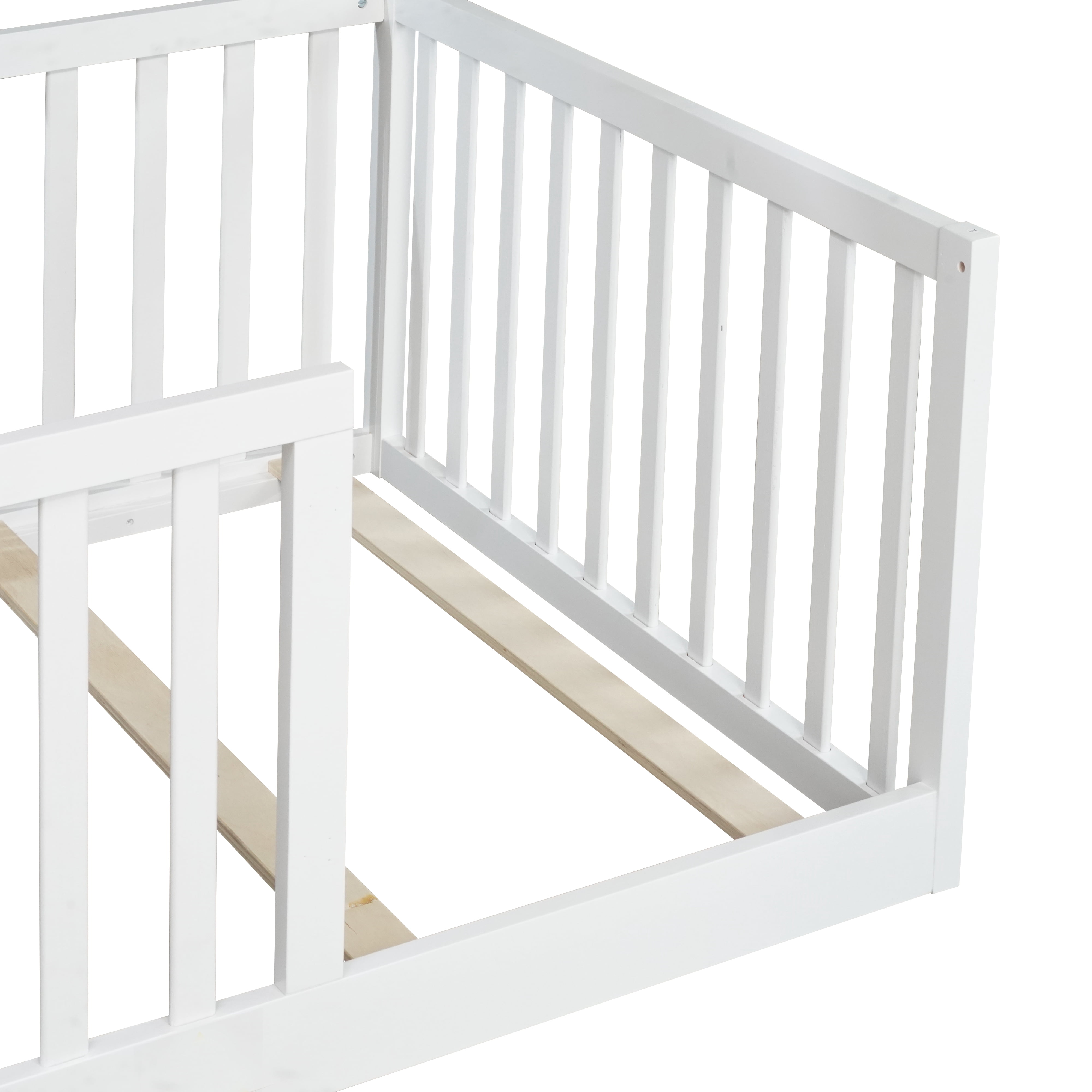 Sailvan Twin Floor Bed with High Fence Railings, Solid Rubber Wood Kids Platform Bed Frame White