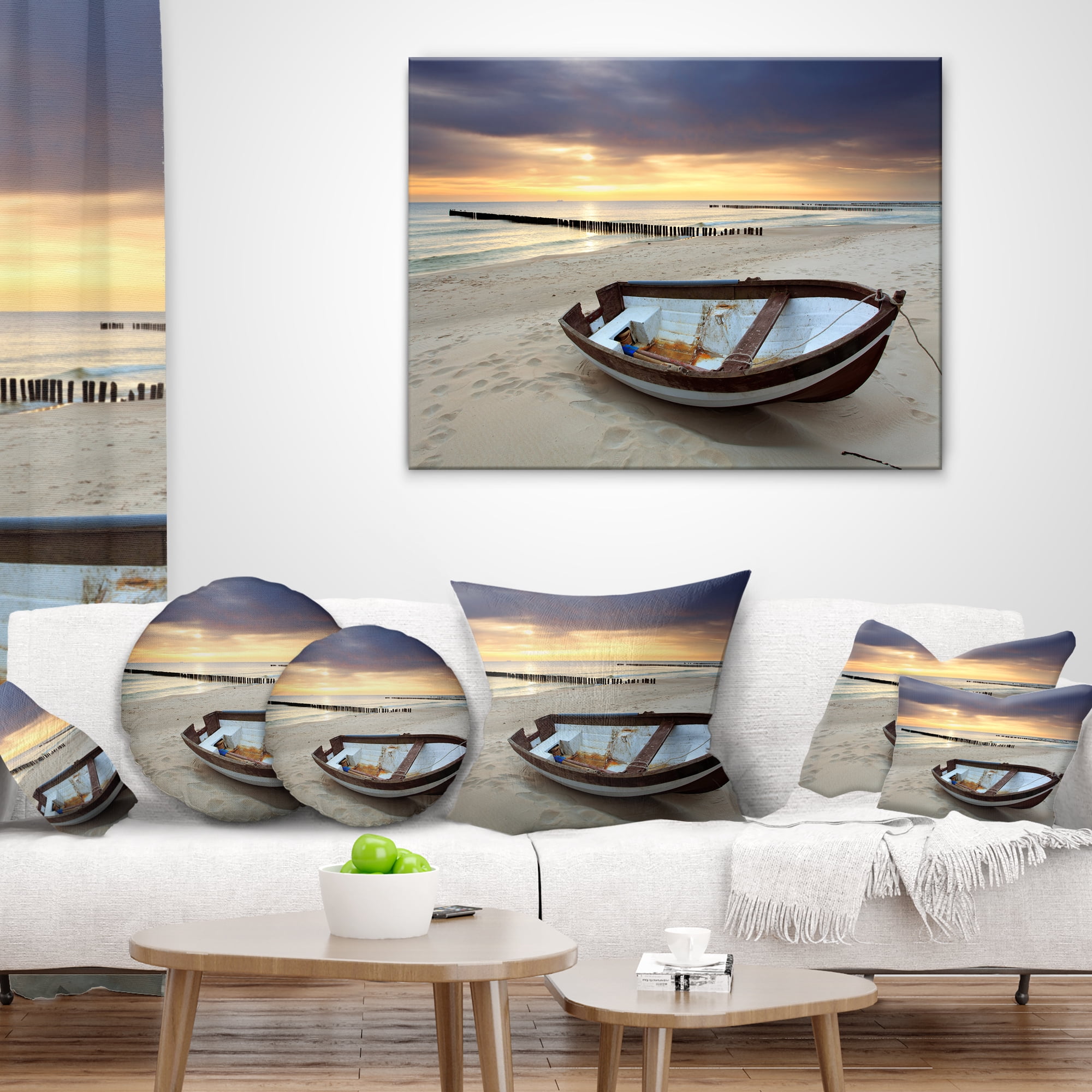 Designart Boat on Beautiful Sunrise Seashore - Beach Throw Pillow - 12x20