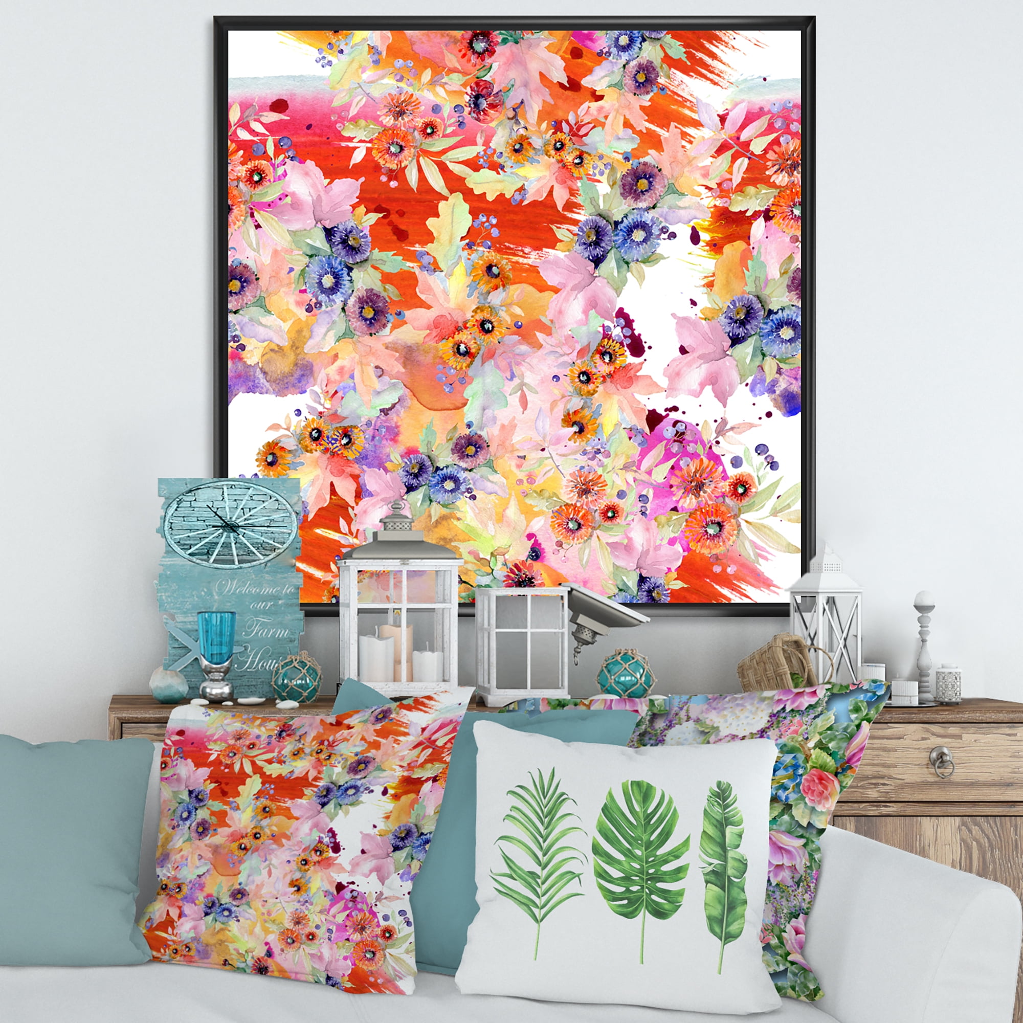 Designart 'Wildflowers and Vibrant Wild Spring Leaves VI' Modern Framed Canvas Wall Art Print