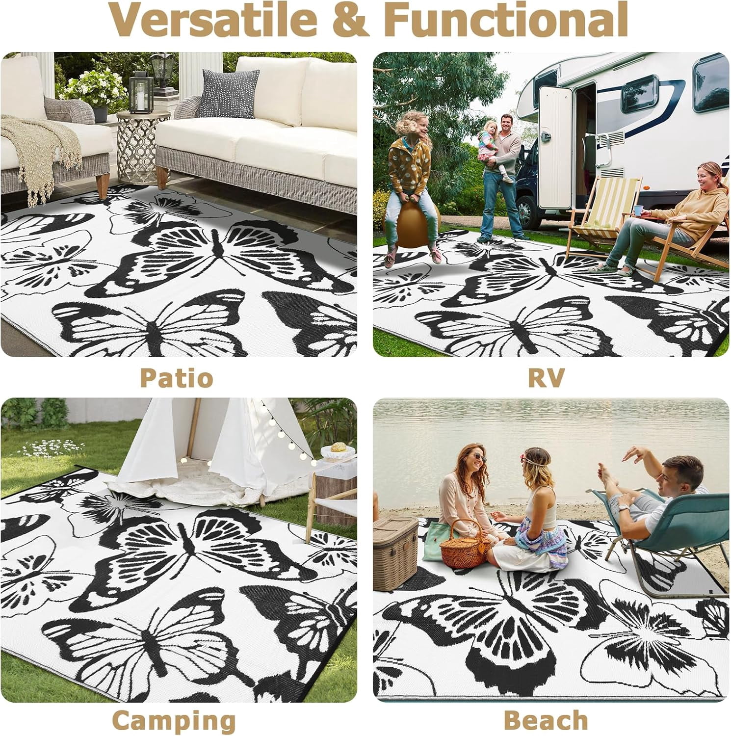 Wonnitar 8x10 Butterfly Outdoor Rug Waterproof, Large Washable Rugs for Outside, Plastic Foldable Black&White Indoor Outdoor Carpet for Patio Balcony