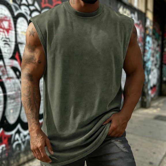 Solid Vintage Washed Crew Neck Muscle Tank Top Men Loose Wide Arm Cut Breathable Sleeveless Tee for Fitness Outdoor Casual Daily Looks Blackish Green L