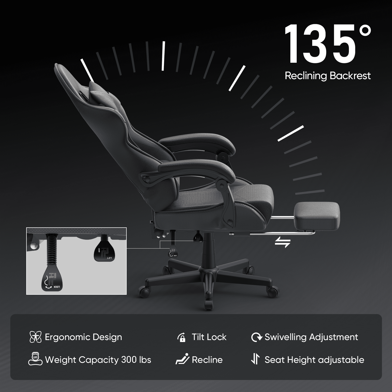 Soontrans Gaming Chair with Footrest, High Back Game Gamer with Massage Lumbar Pillow Compuer Chair for Adult , Black