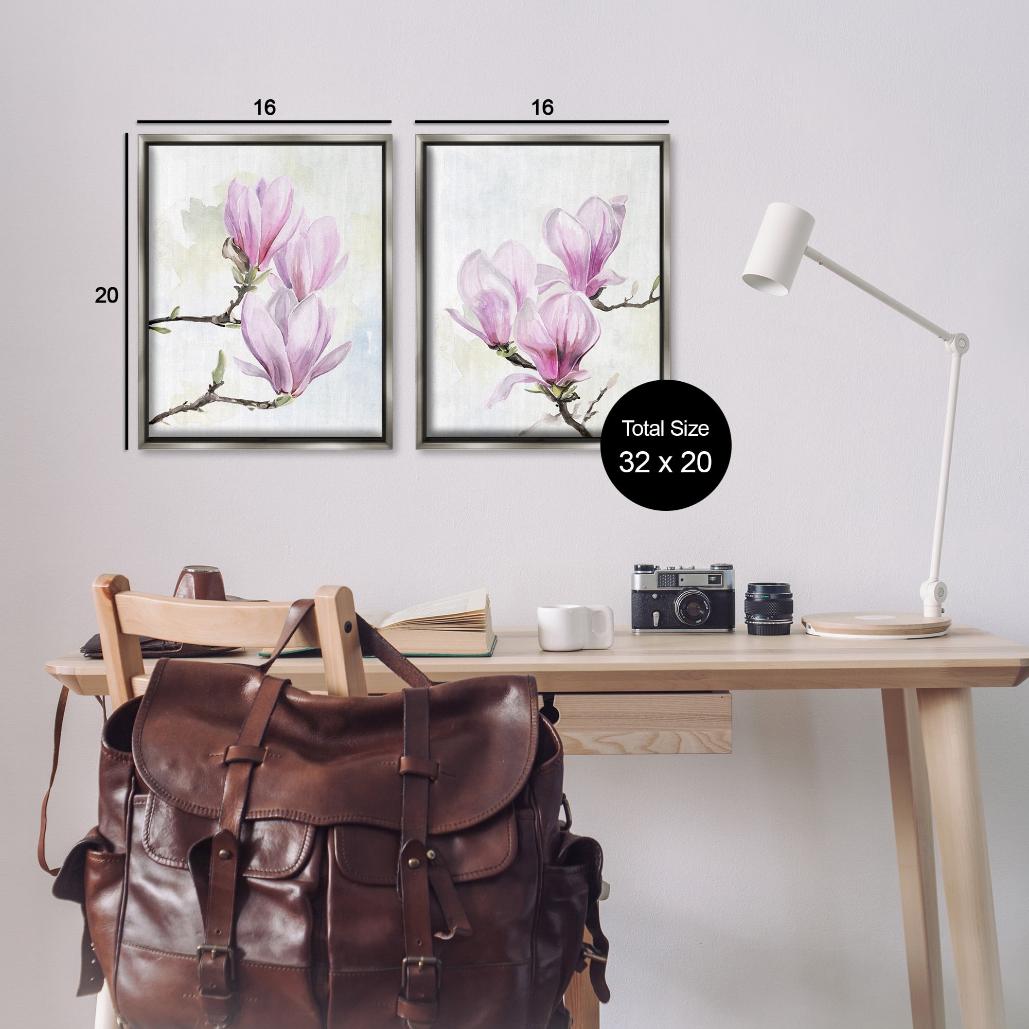 Stupell Industries Pink Magnolia Flower Blossoms Botanical & Floral Painting Gray Floater Framed Canvas Art Print Wall Art, 17 x 21, Set of 2