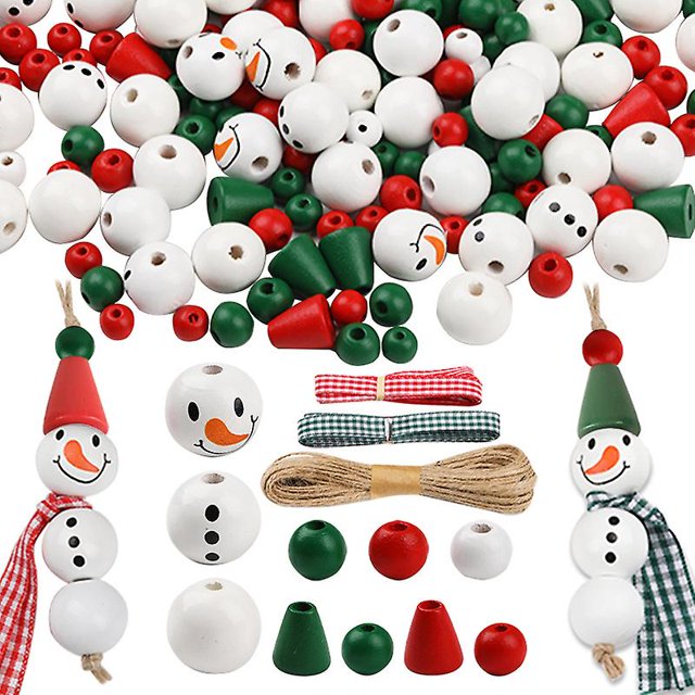 190 piezas de cuentas de madera navideñas, cuentas de Noel, cuentas de madera redondas, cuentas de madera blancas, decoración navideña de madera con cuerda de cáñamo para decoración de fiestas