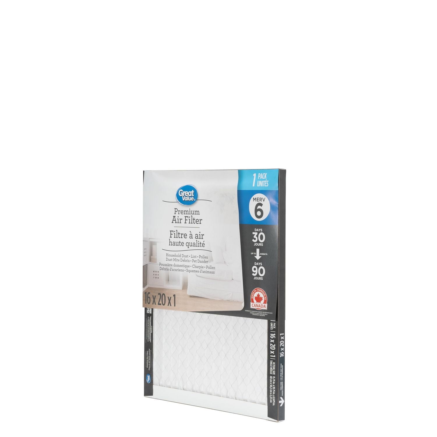 Filtre à air plissé 16 x 20 x 1 pouces Great Value MERV 6 16x20x1 Filtre à air