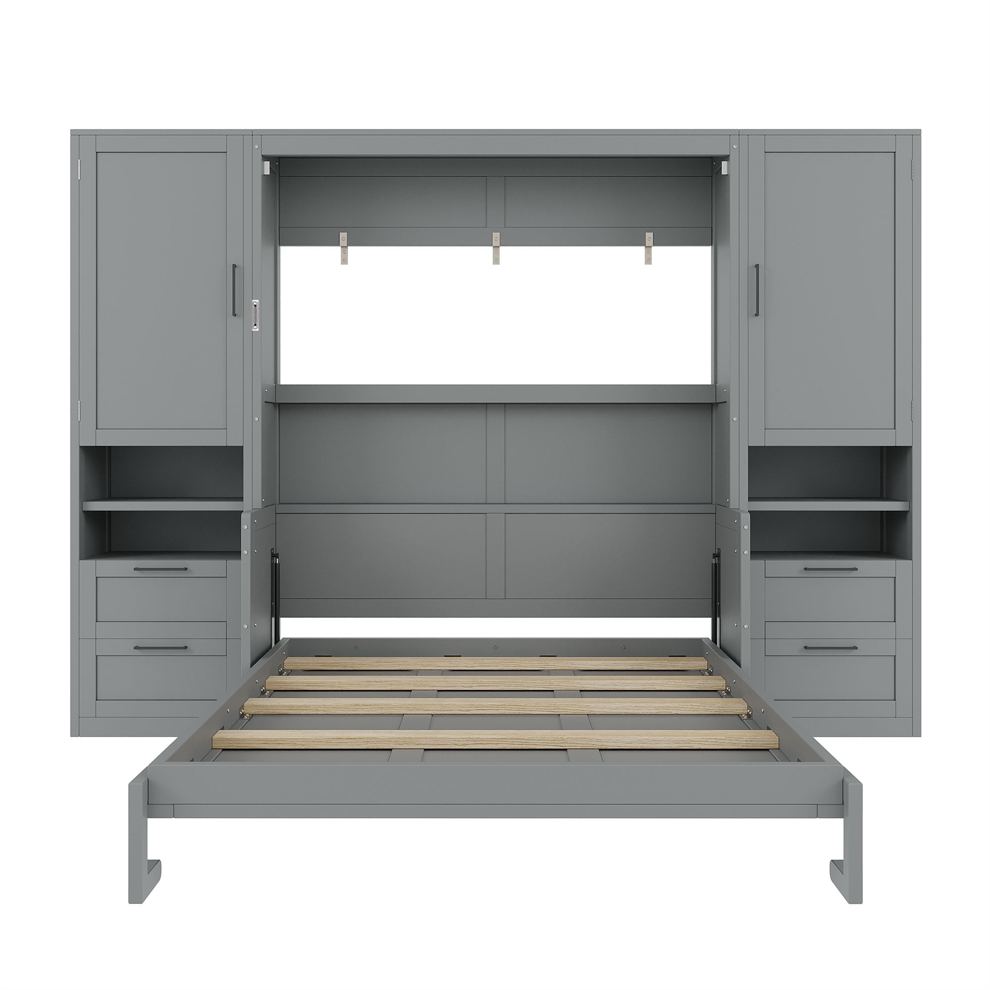 Queen Size Murphy Bed with 2 Closet, 4 Drawers and Open Shelves for Small Space, Guest Room