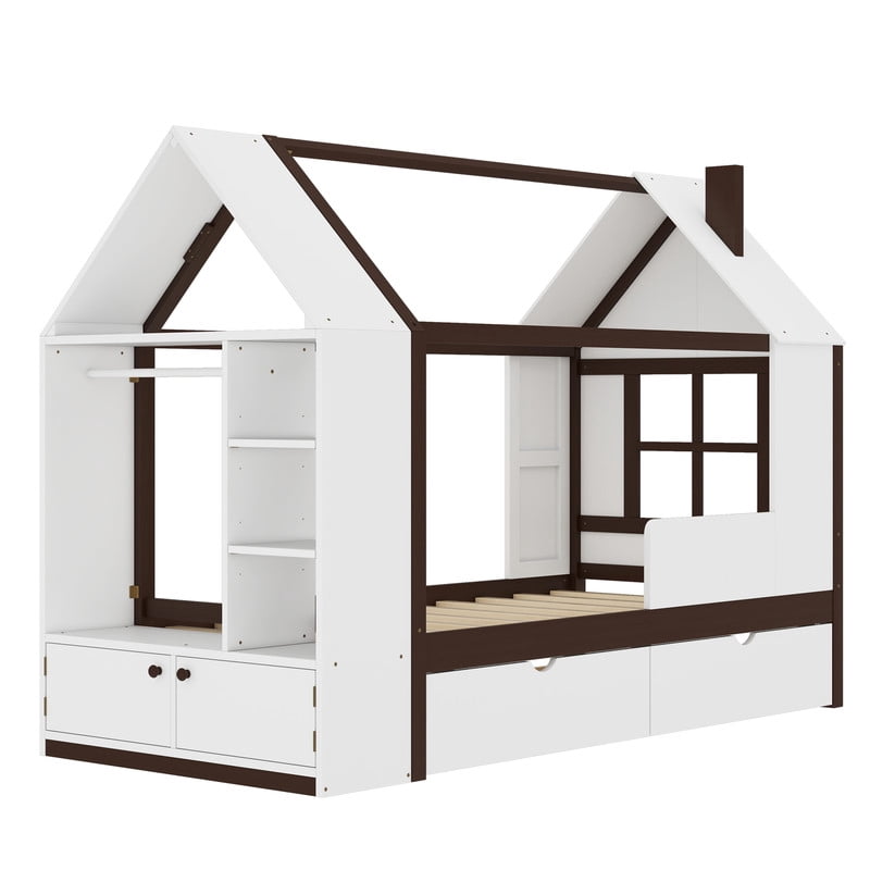 Twin Size House Platform Bed with Storage, Solid Wood House Bed with Drawers & Shelves, Solid Wood Platform Bed with Cabinet & Wardrobe, White & Espresso