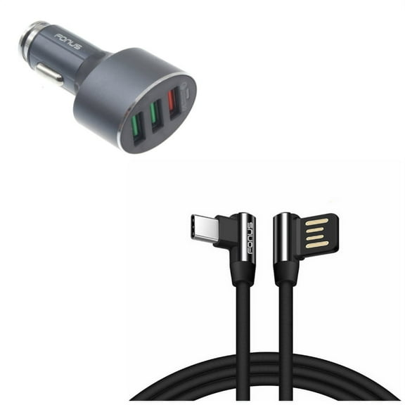 Charger Cord 10ft Type-C Angle USB Cable w 3-Port USB 42W Quick Car Charger X8J for Acer Liquid Jade Primo - Alcatel PulseMix, 7, Idol 5S 5 4S, 3V (2019) - ASUS Zenfone V Live, ROG Phone 2, AR