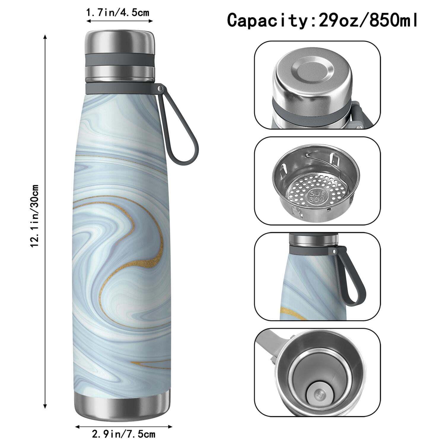 29oz Insulated Water Bottle with Tea Infuser, Stainless Steel Travel Mug, Liquid & Marble Print