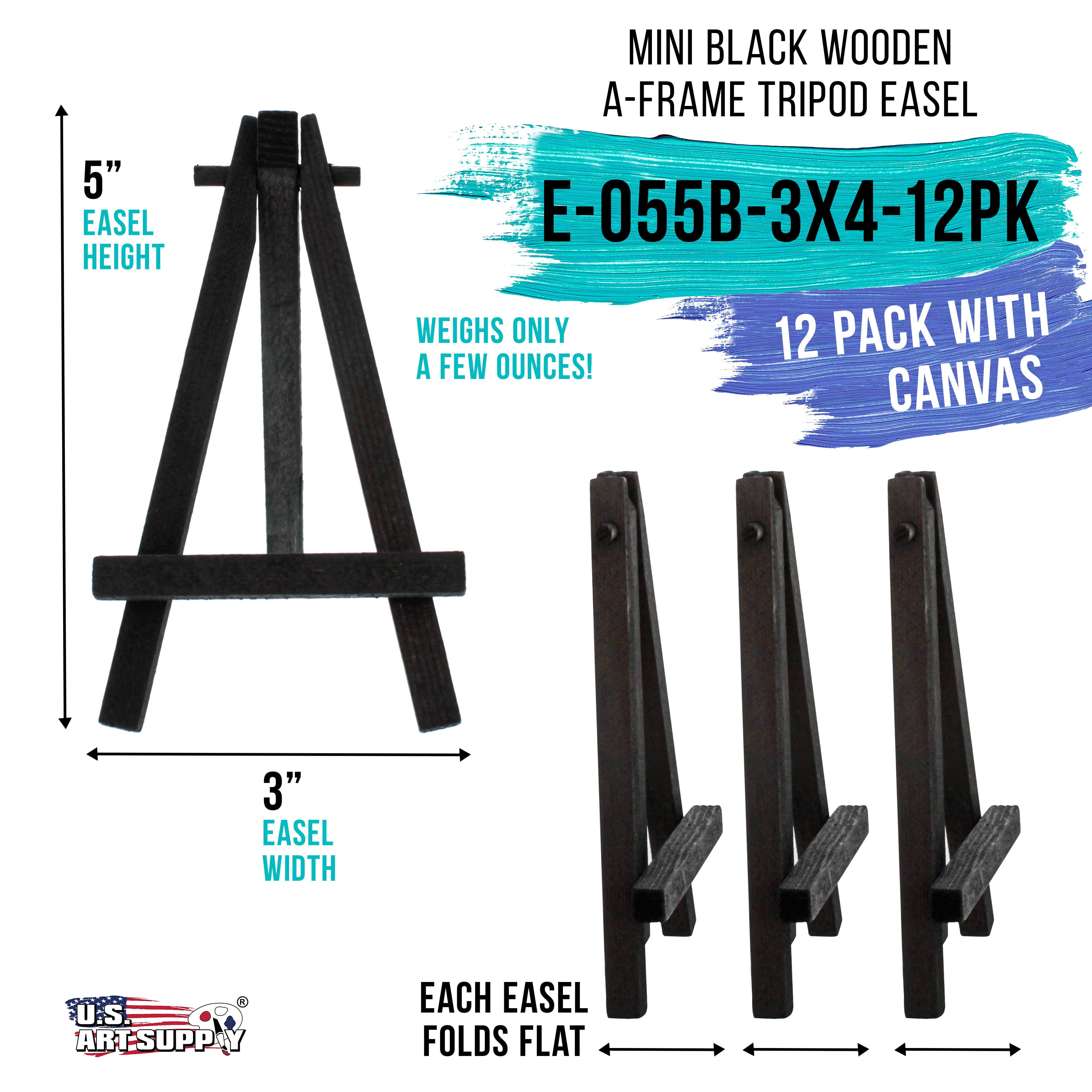 12 Pack U.S. Art Supply 3" x 4" Stretched Canvas with 5" Mini Black Wood Display Easel Kit, Artist Tripod Holder Stand